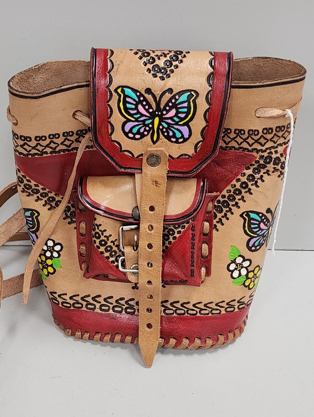 Hand-Painted Red and Natural Leather Women’s Backpack